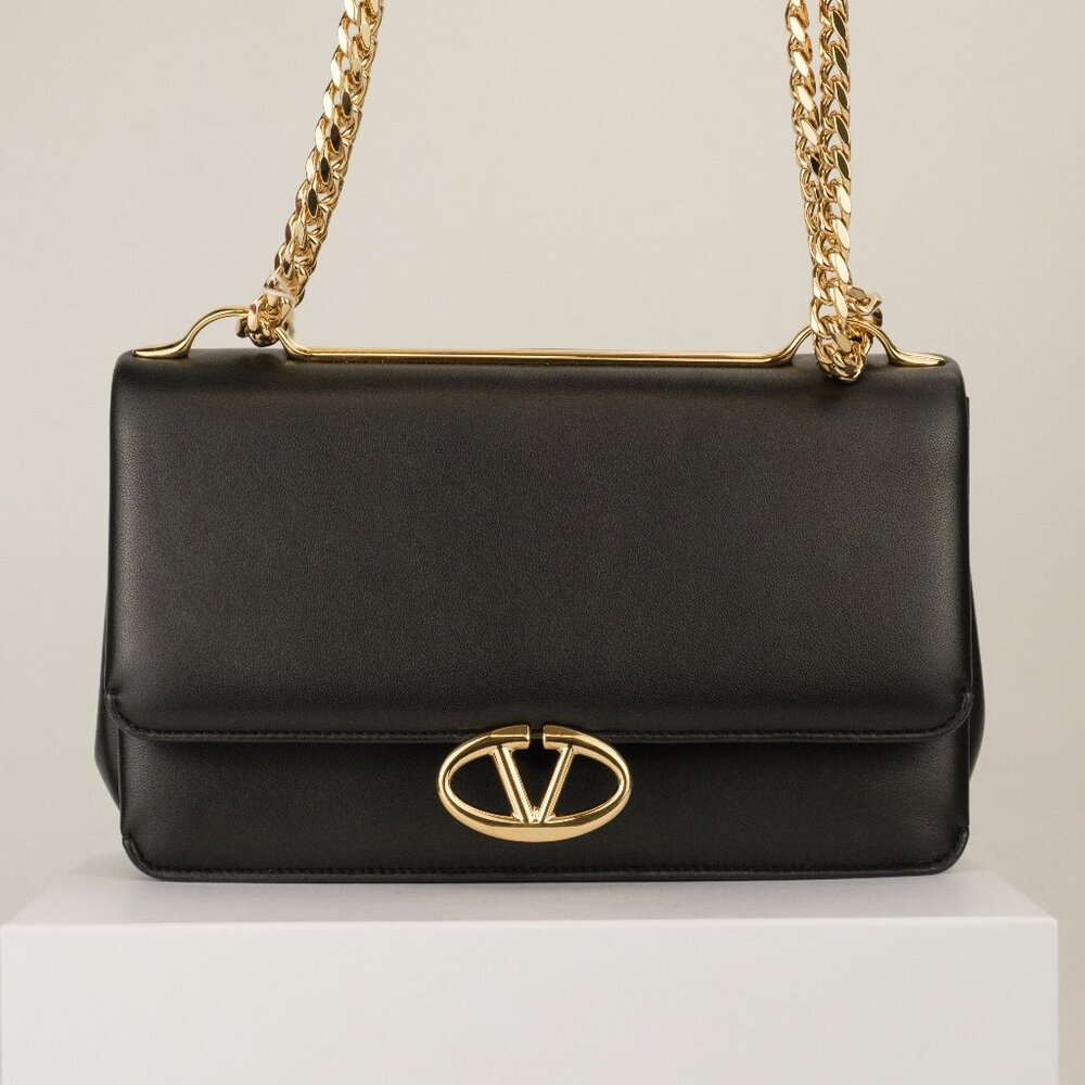 Valentino Garavani VLogo Chain Medium Shoulder Bag, Black Leather